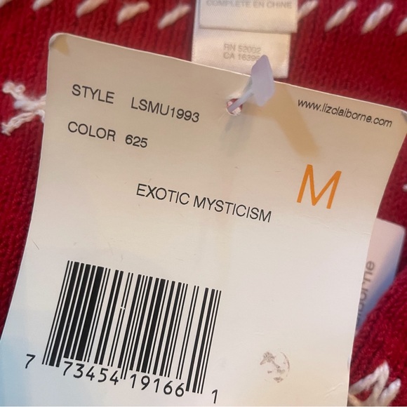 Liz Claiborne LizSport Red white Embroidery Thin knit Sweater Women Medium NWT - Picture 10 of 11